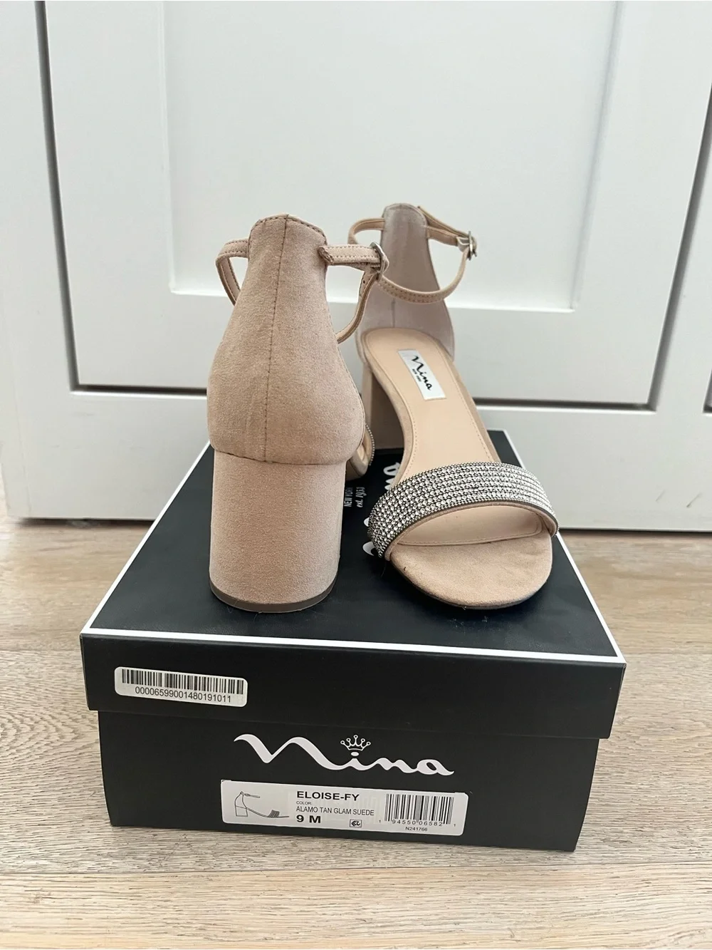 Nina Nude Rhinestone Strap Block Heel Sandals